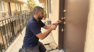 Locksmith Liberty technician opening an apartment door during a lockout in a Mid-Wilshire, Los Angeles courtyard building