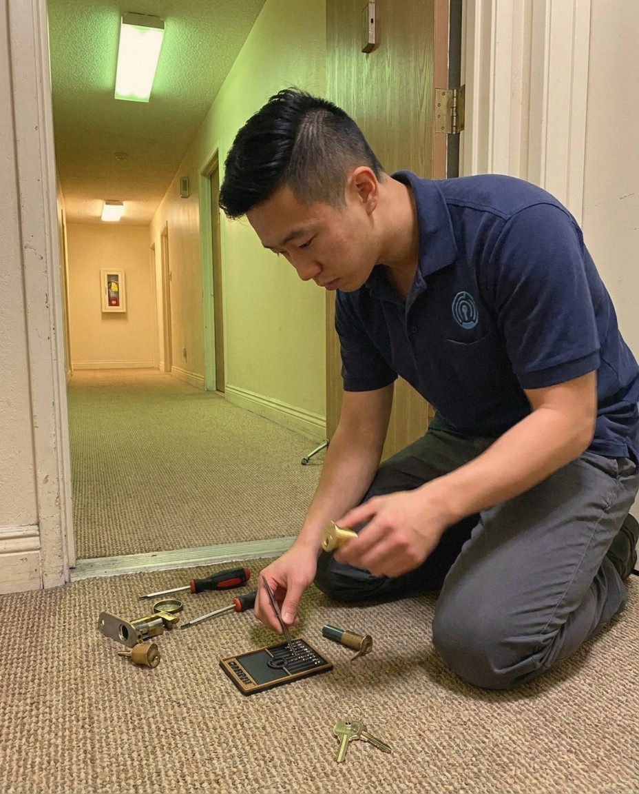 Locksmith Liberty technician rekeying an apartment door lock cylinder in a Koreatown, Los Angeles hallway