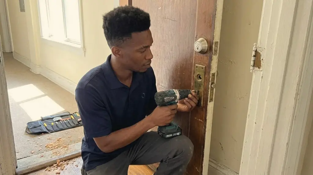 Locksmith Liberty technician installing a deadbolt on an apartment door in Los Angeles