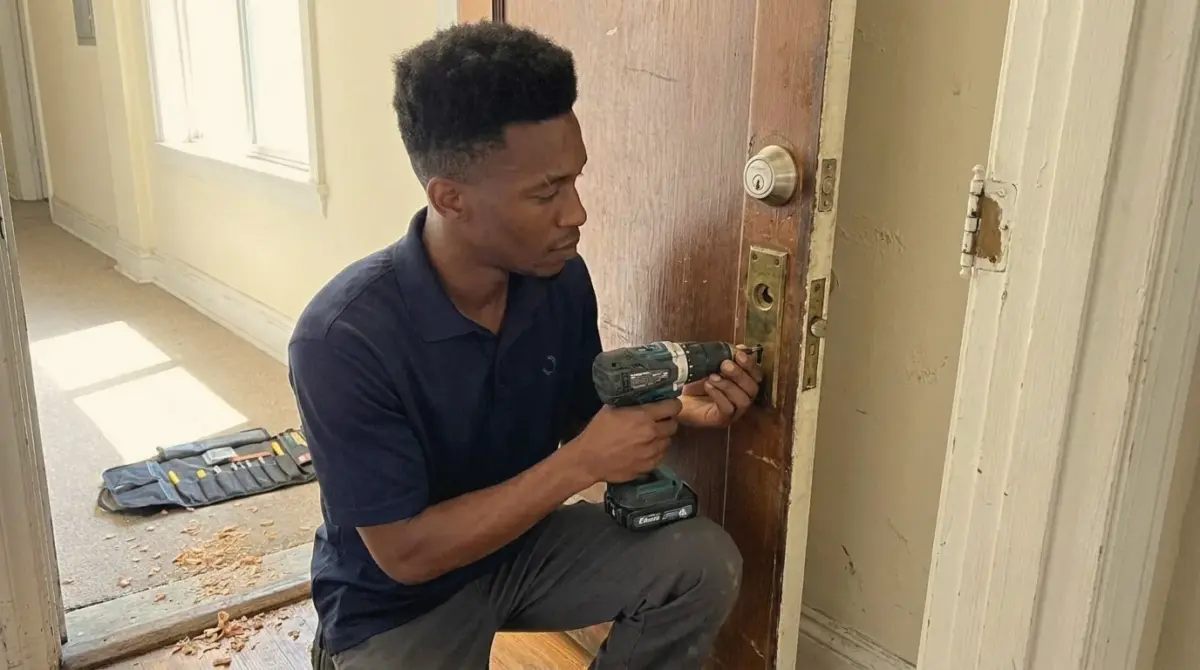 Locksmith Liberty technician installing a deadbolt on an apartment door in Los Angeles