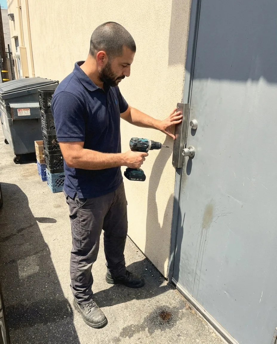 Locksmith Liberty technician installing a steel latch guard on a restaurant alley door in Los Angeles