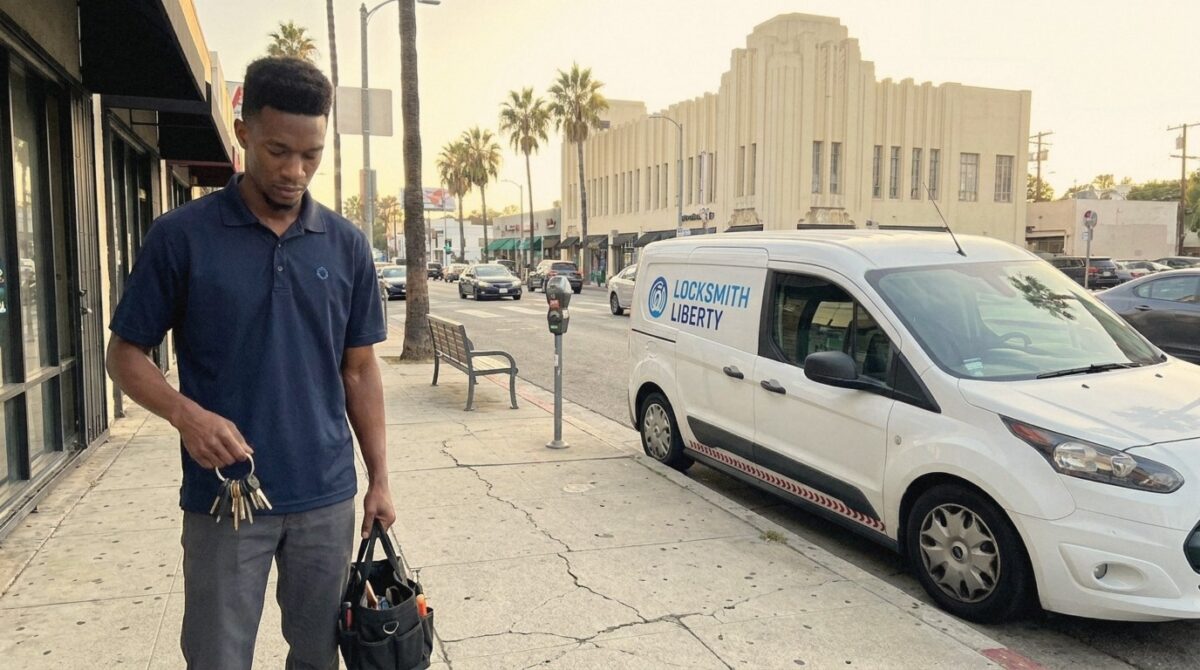 Locksmith Liberty technician and service van on Wilshire Boulevard in Miracle Mile, Los Angeles