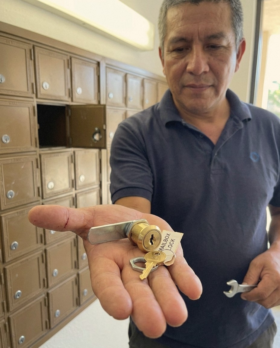Locksmith Liberty technician holding a replacement brass mailbox cam lock, cam and mounting nut at an apartment mailbox bank in Los Angeles