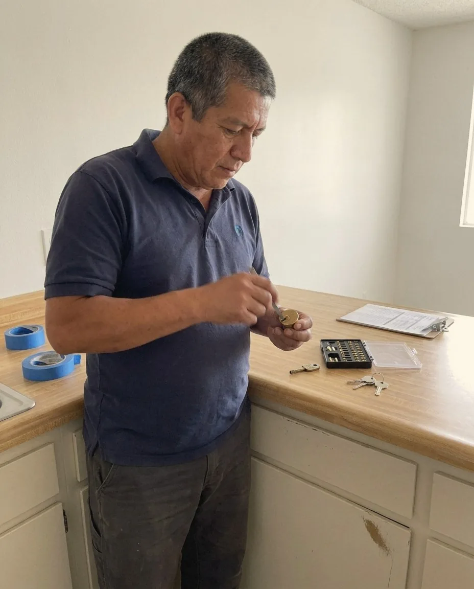 Locksmith Liberty technician rekeying a lock cylinder in a vacant Los Angeles apartment
