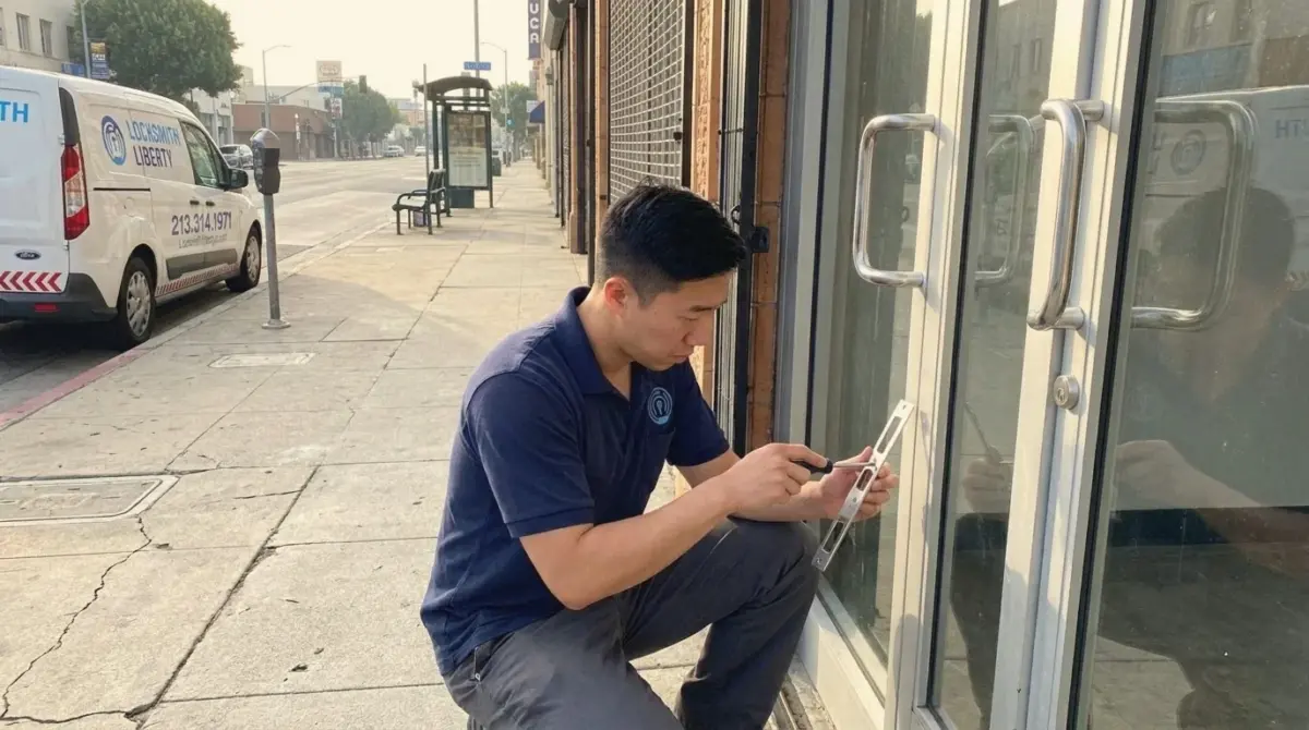 Locksmith Liberty technician fitting a storefront deadlock on an aluminum glass door on Wilshire Boulevard, Los Angeles